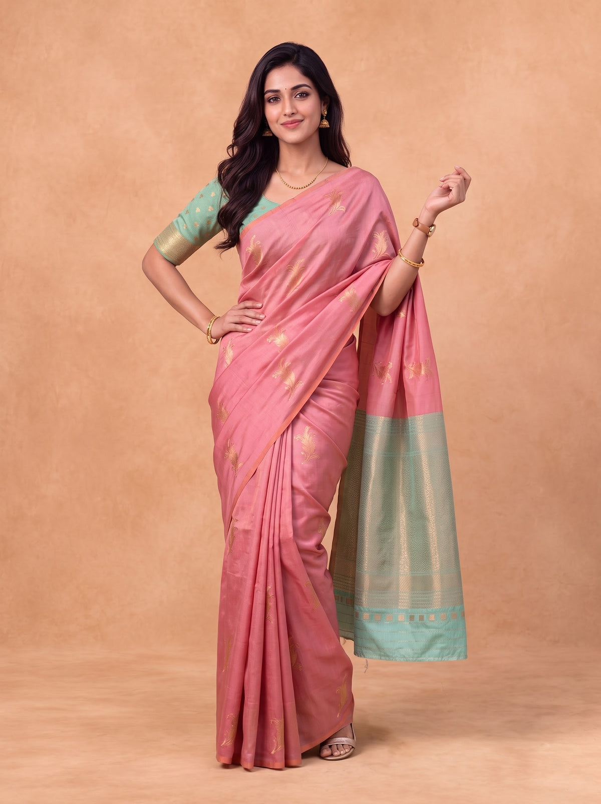 Women Soft Silk Rusty Pink With Green Saree SS518