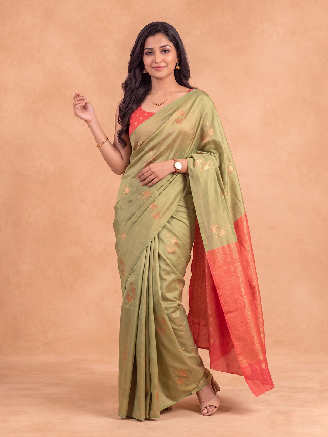 Women Soft Silk Peach Pink With Green Saree SS535