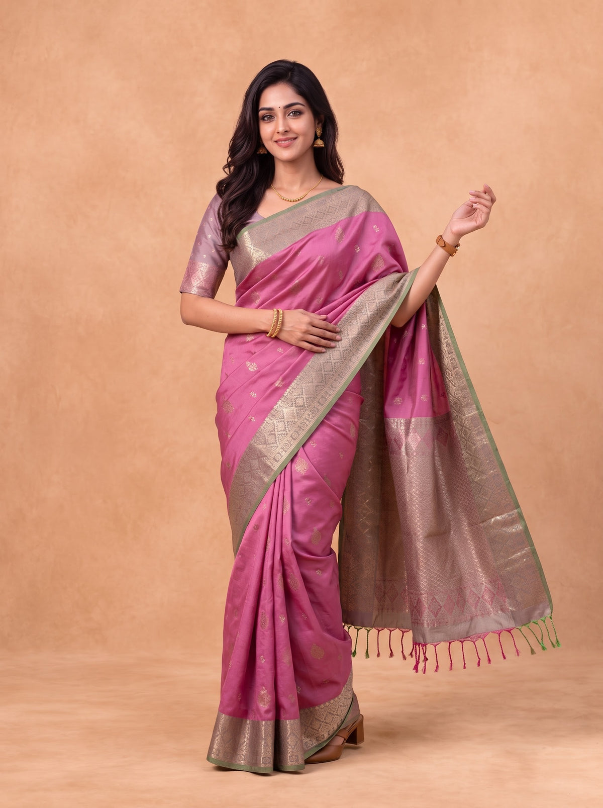 Women Soft Silk Pink With Green Saree SS441