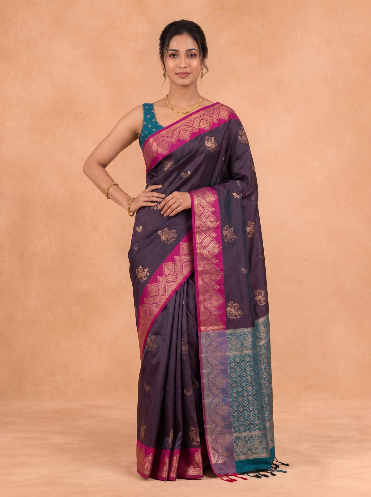 Women Soft Silk Dark Purple With Dark Pink Saree SS460