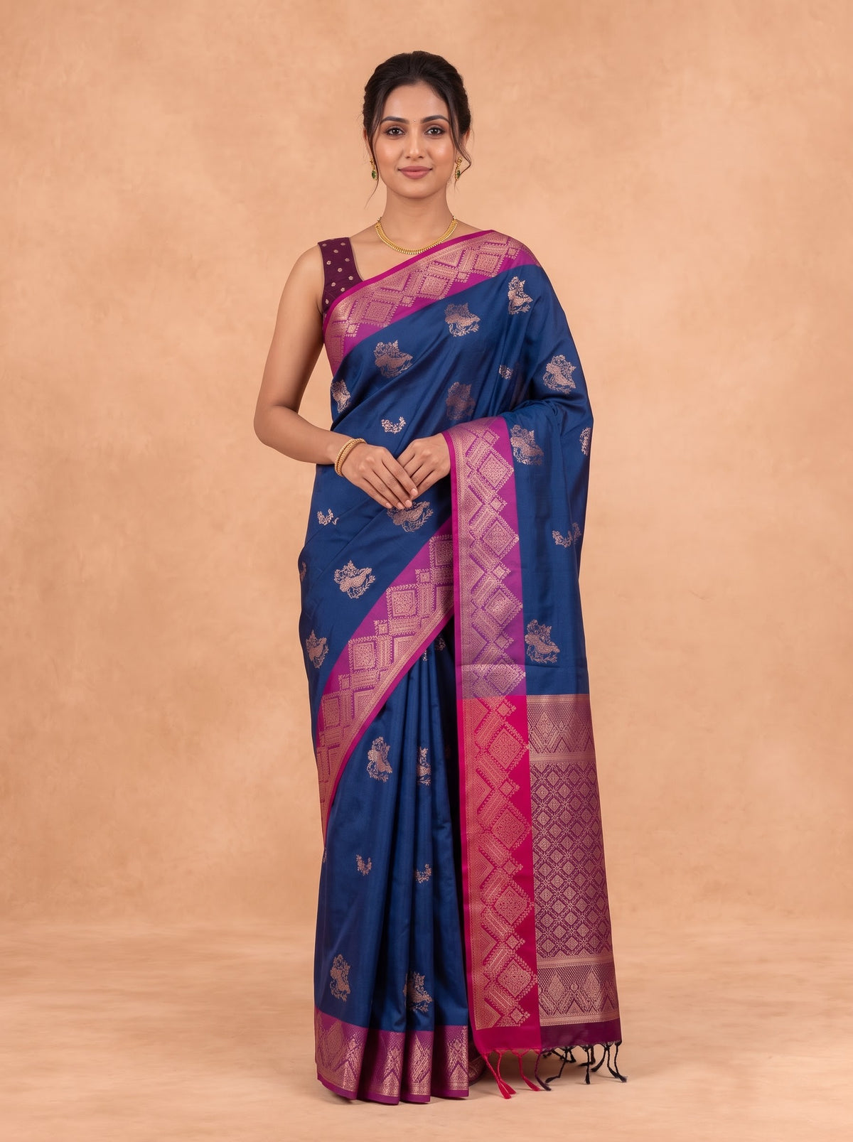 Women Soft Silk Dark Blue With Pink Saree SS477