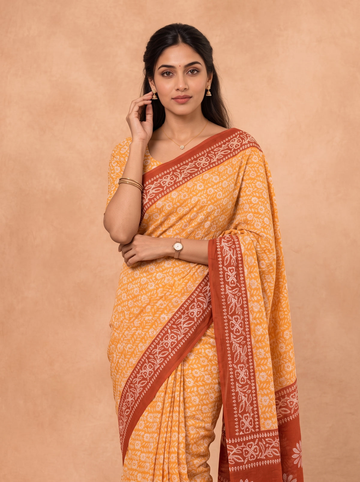 Women Cotton Orange Printed Saree PCS303
