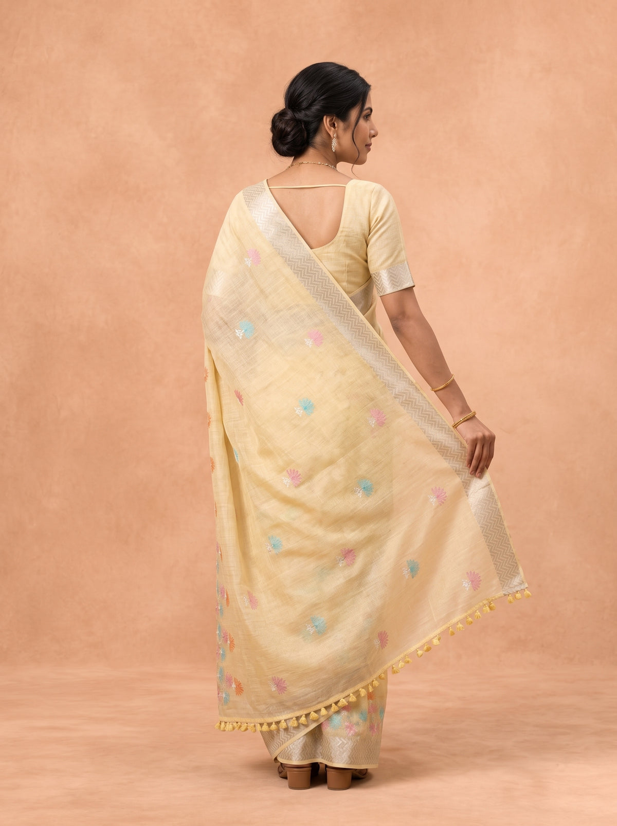 Women Semi Linen Yellow Embroidered Saree SL282