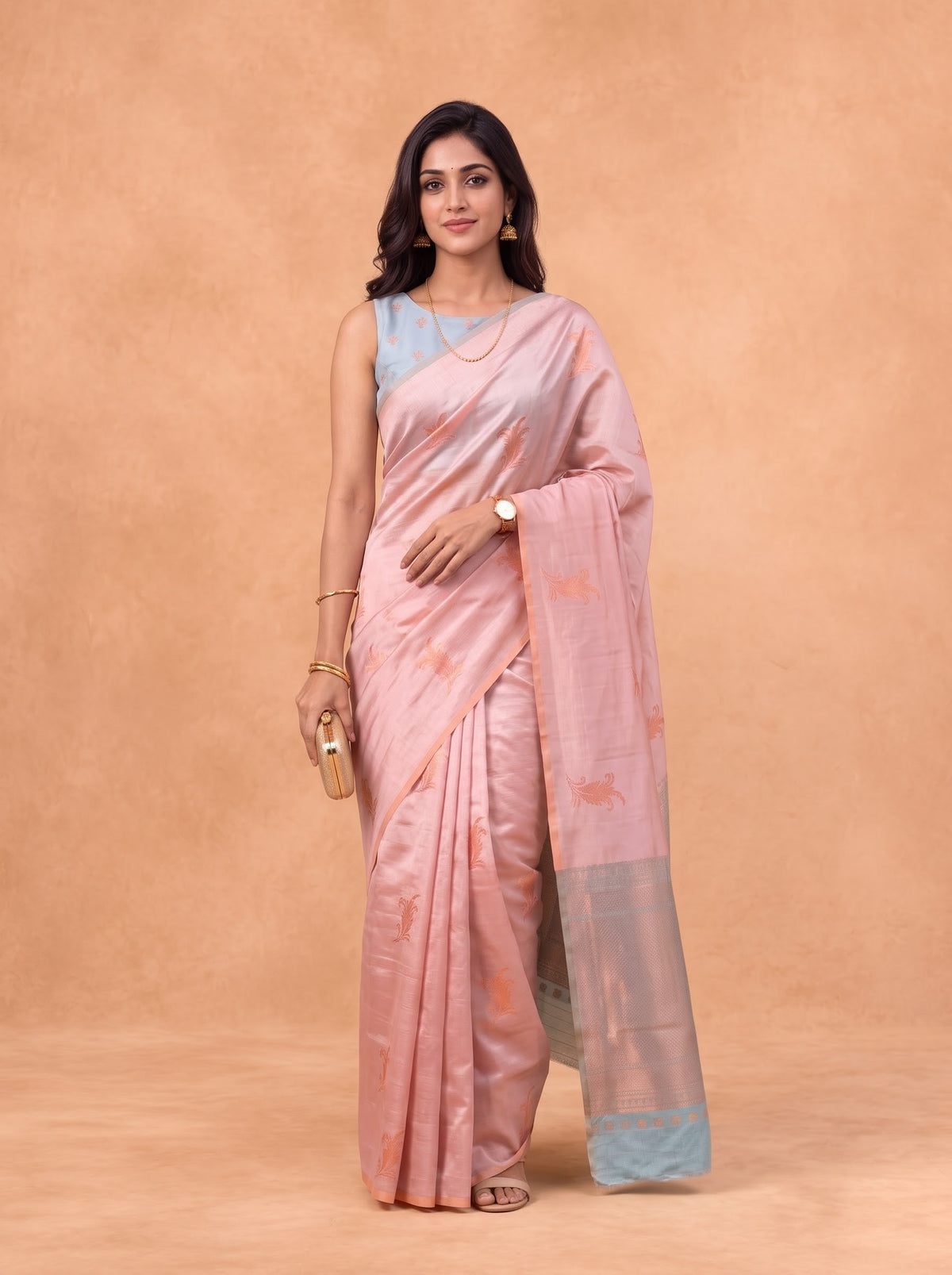 Women Soft Silk Peach with Blue Saree SS514