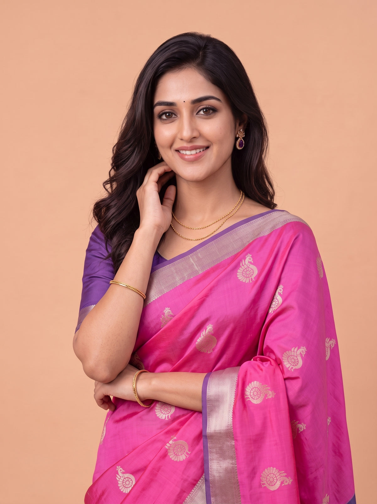 Women Soft Silk Rani Pink With Purple Saree SS438
