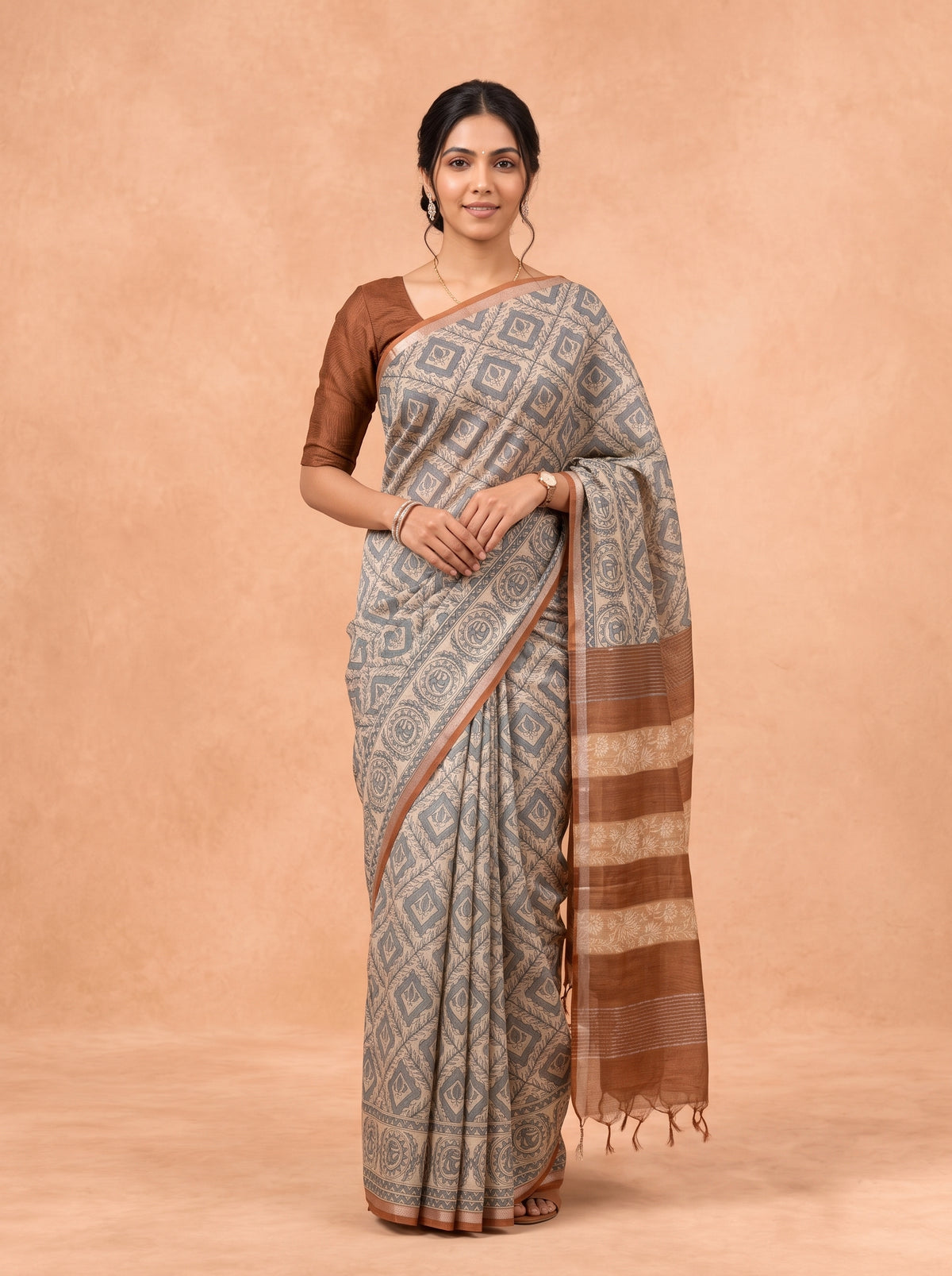 Women Semi Tussar Brown Saree ST373