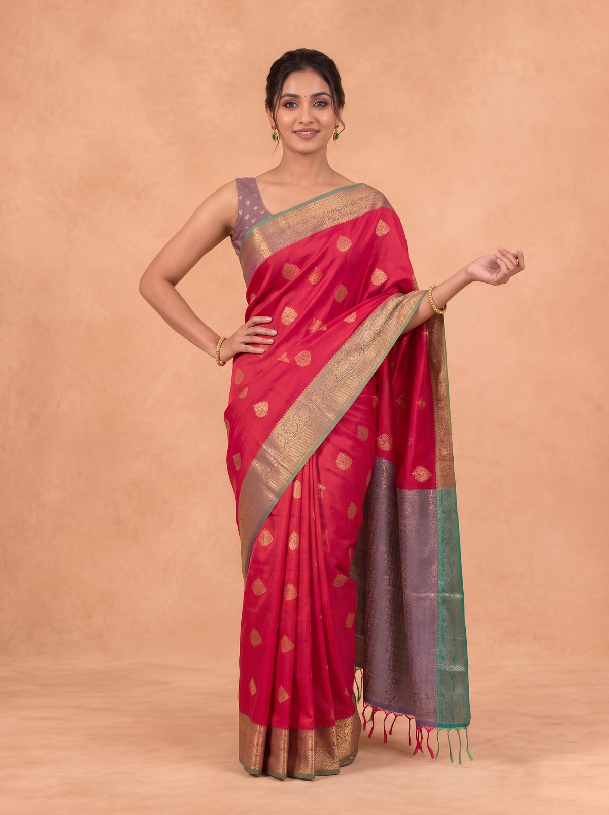 Women Soft Silk Red With Green SS445
