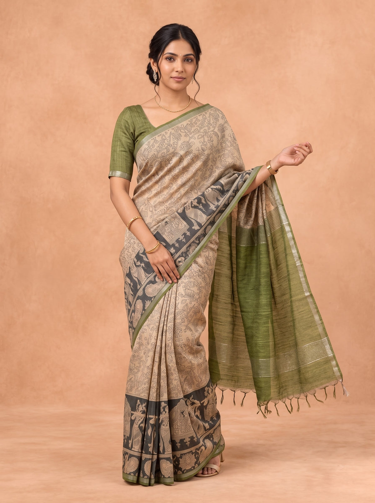 Women Semi Tussar Olive Green Saree ST379