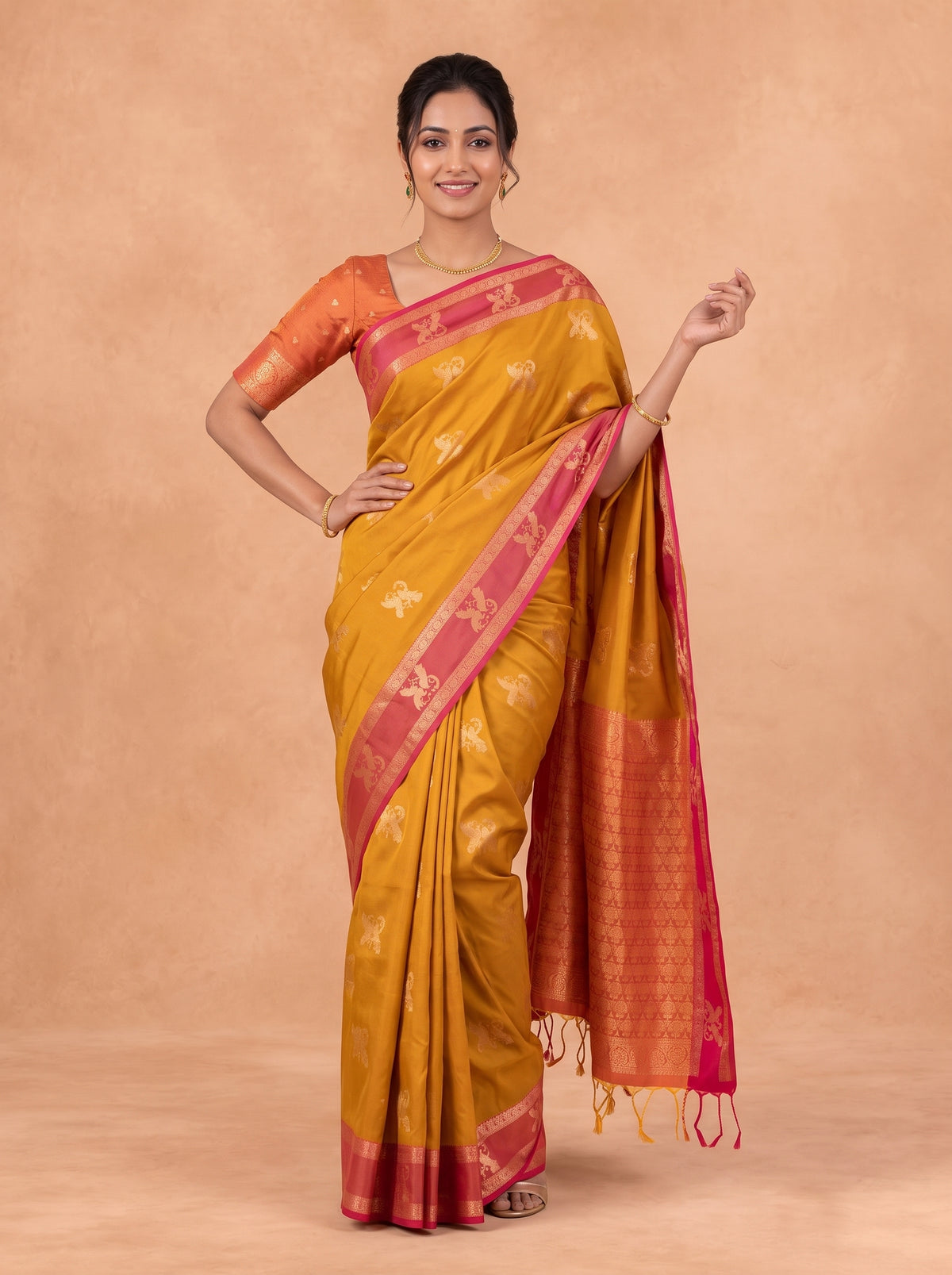 Women Soft Silk Mustard With Dark Pink Saree SS457