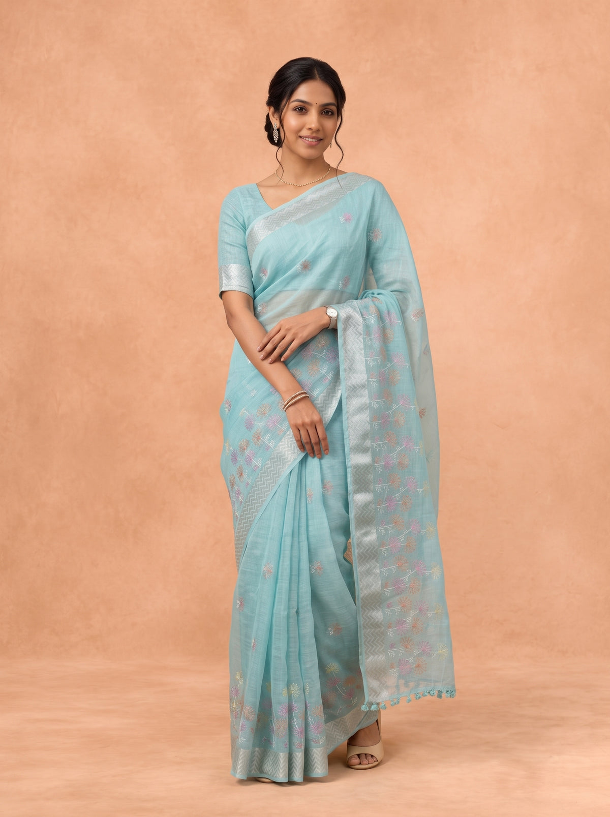 Women Semi Linen Blue Embroidered Saree SL279