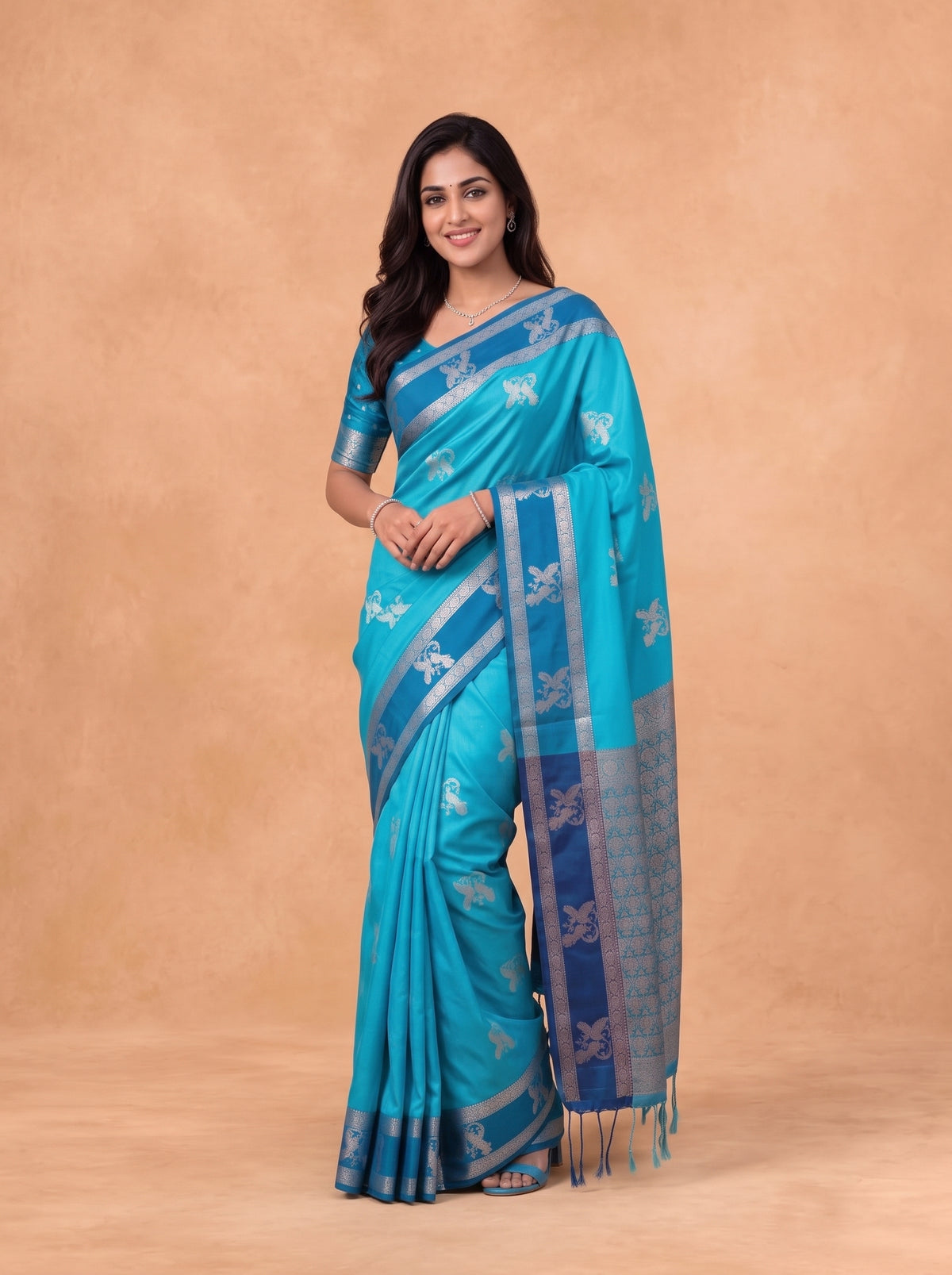 Women Soft Silk Aqua Blue with Navy Saree SS426