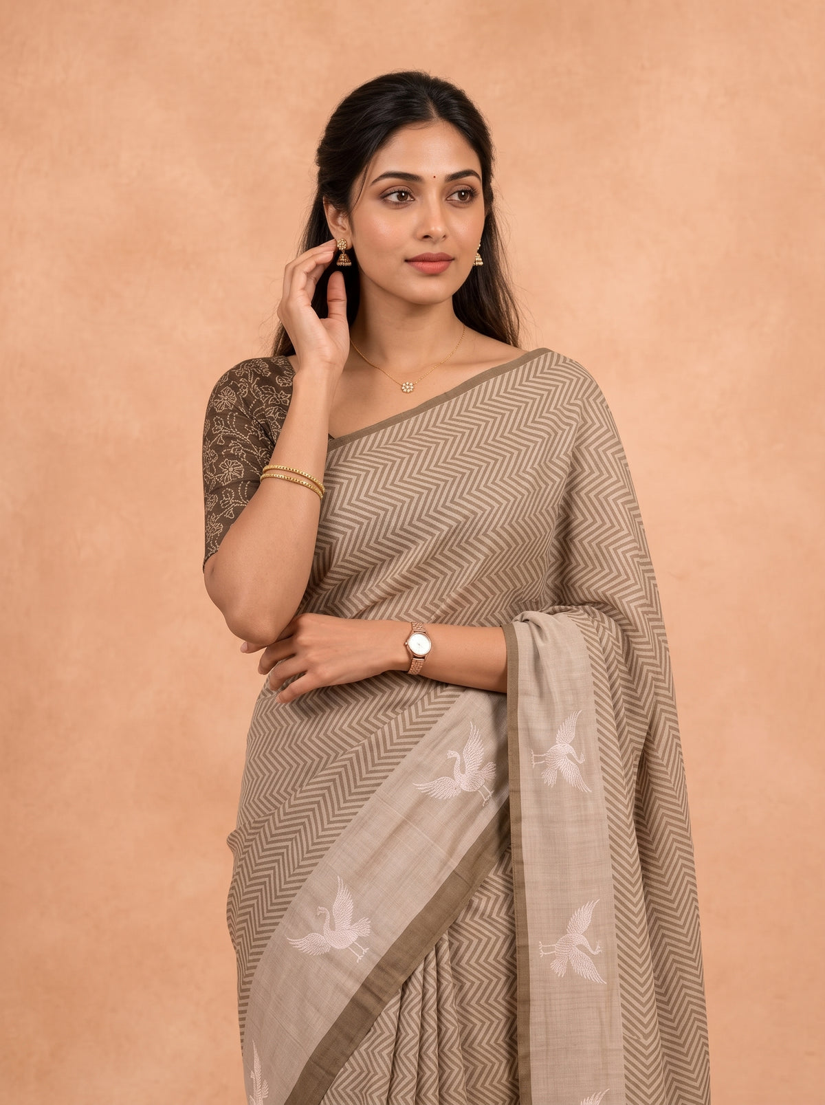 Women Cotton Olive Green Printed Saree PCS299