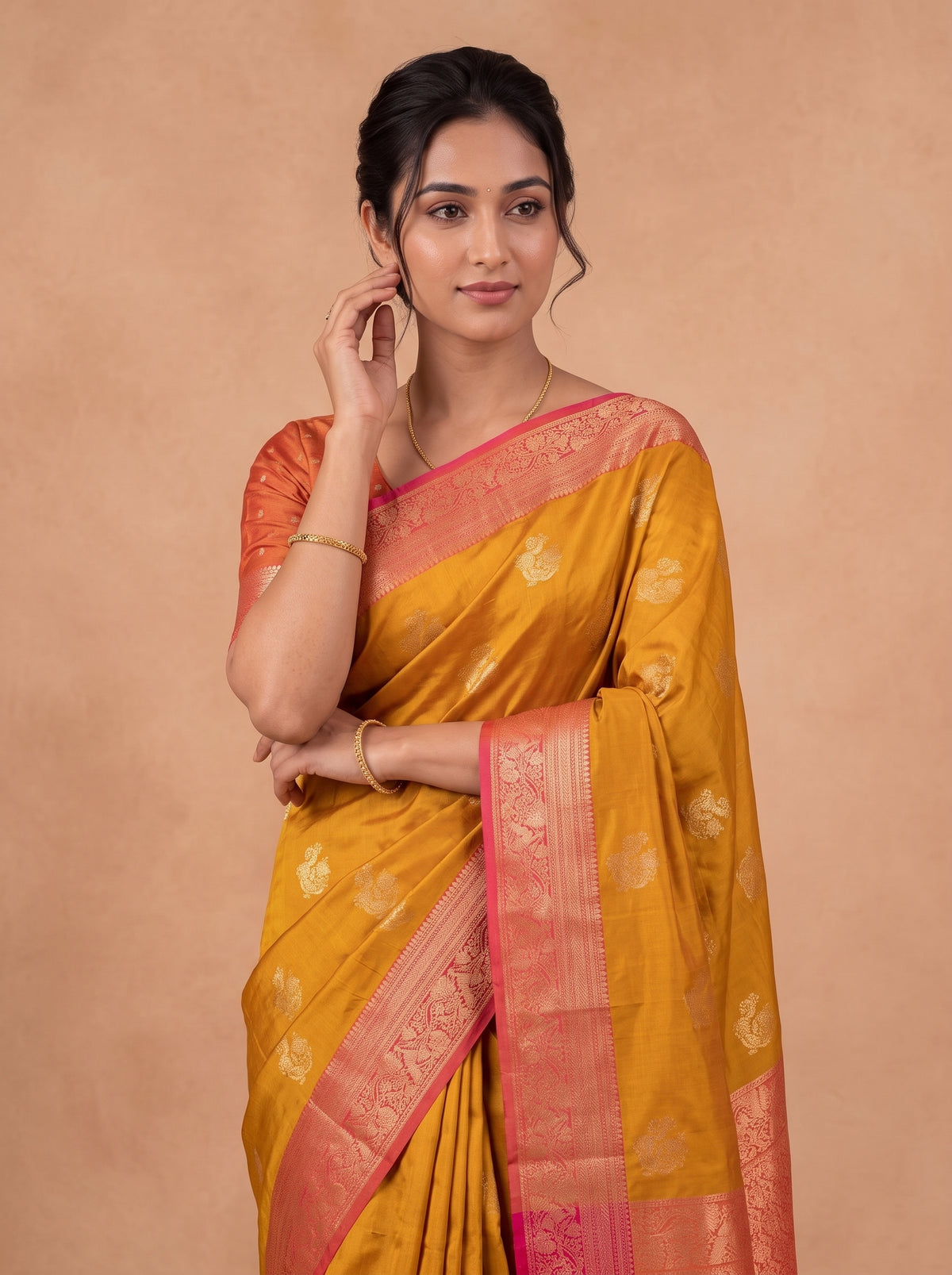 Women Soft Silk Mustard Yellow with Pink Saree SS453