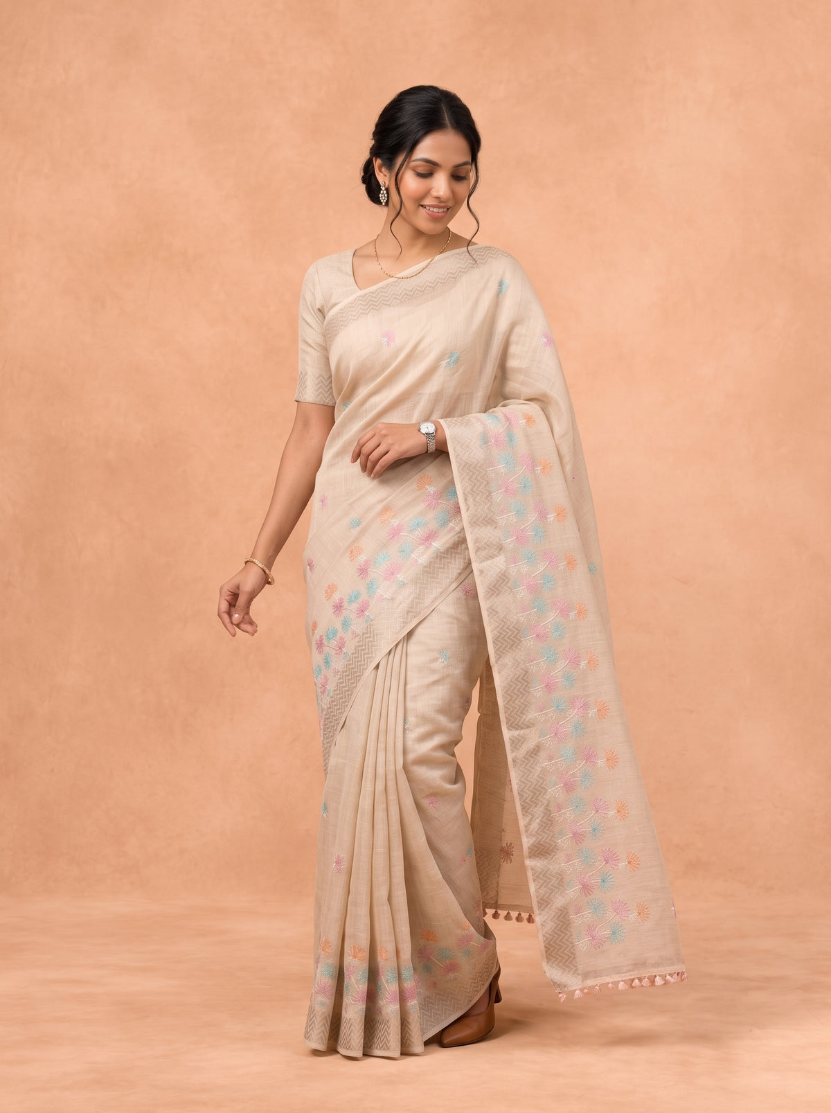 Women Semi Linen Beige Embroidered Saree SL281