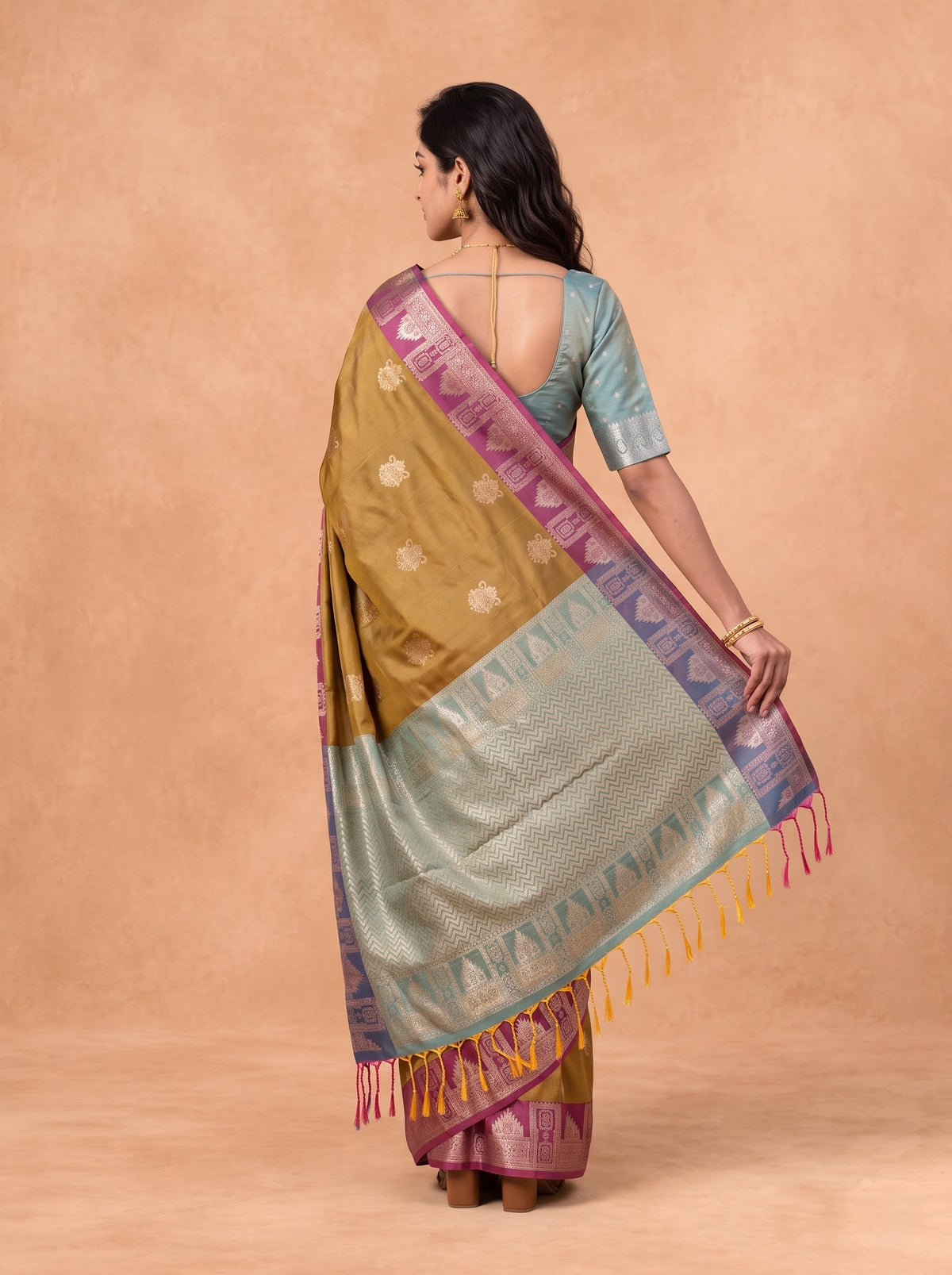 Women Soft Silk Dark Mustard With Dark Pink Saree SS454