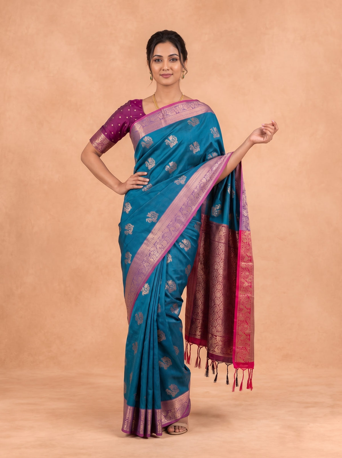 Women Soft Silk Dark Teal With Maroon Saree SS449