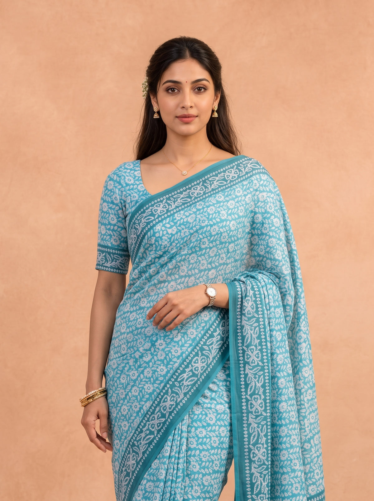 Women Cotton Turquoise Printed Saree PCS302