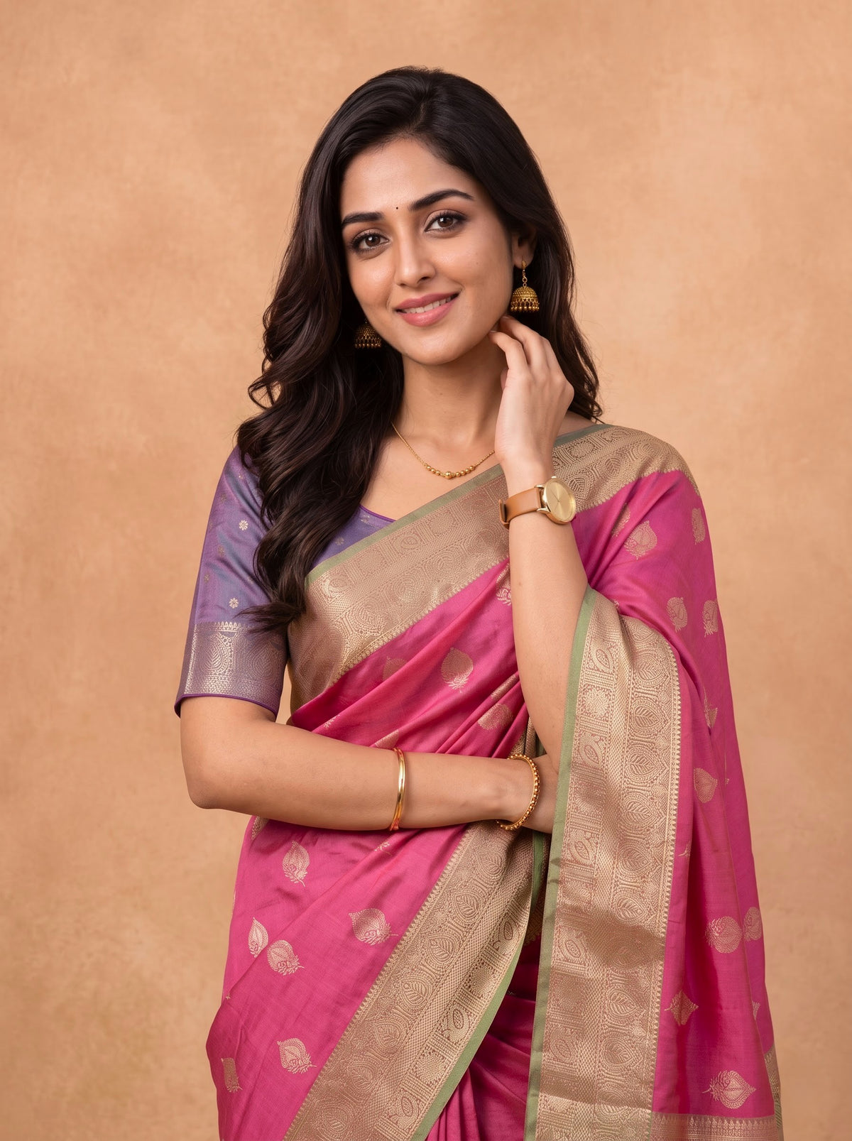 Women Soft Silk Dark Pink With Green Saree SS440