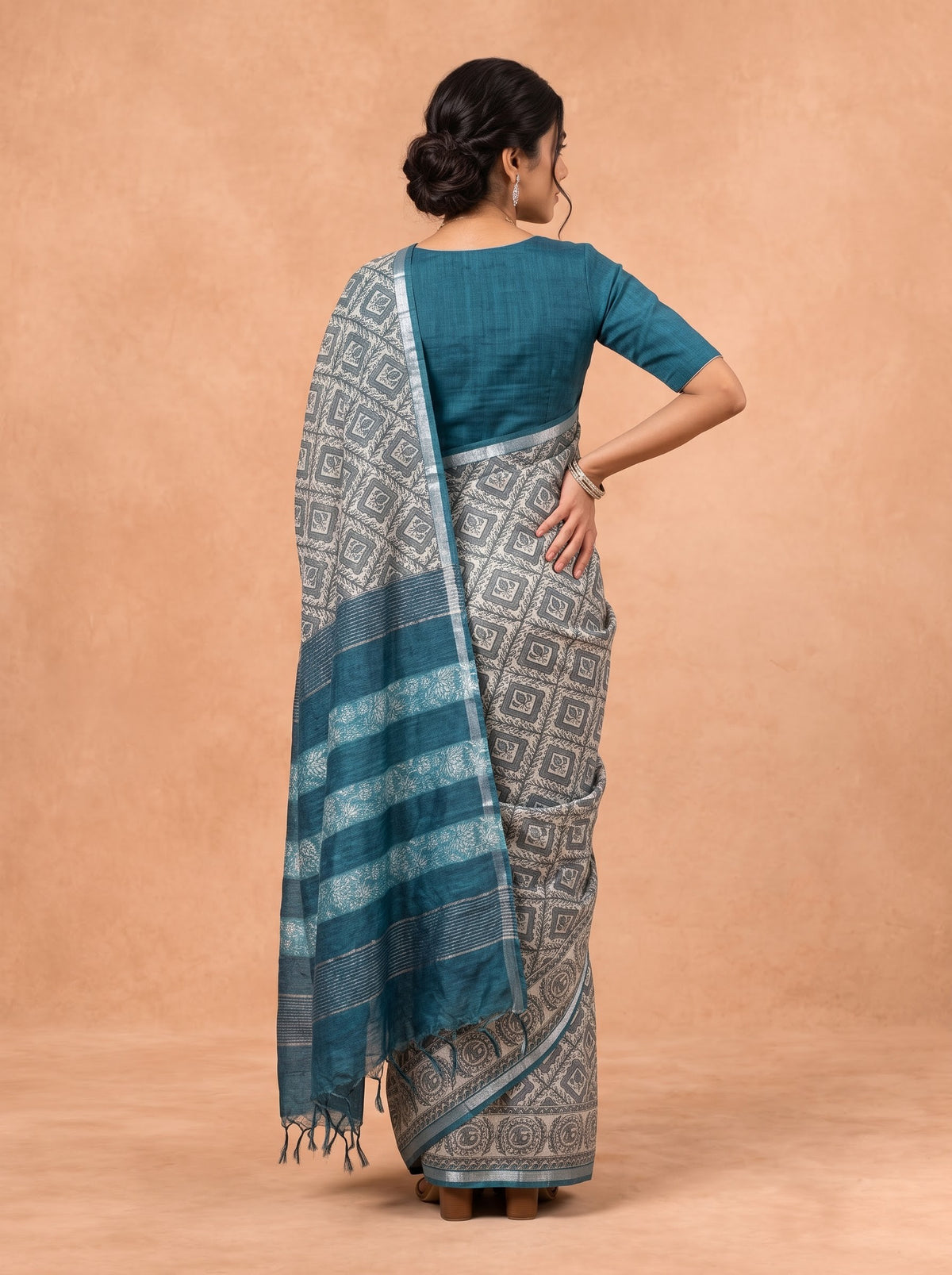 Women Semi Tussar Teal Green Saree ST374