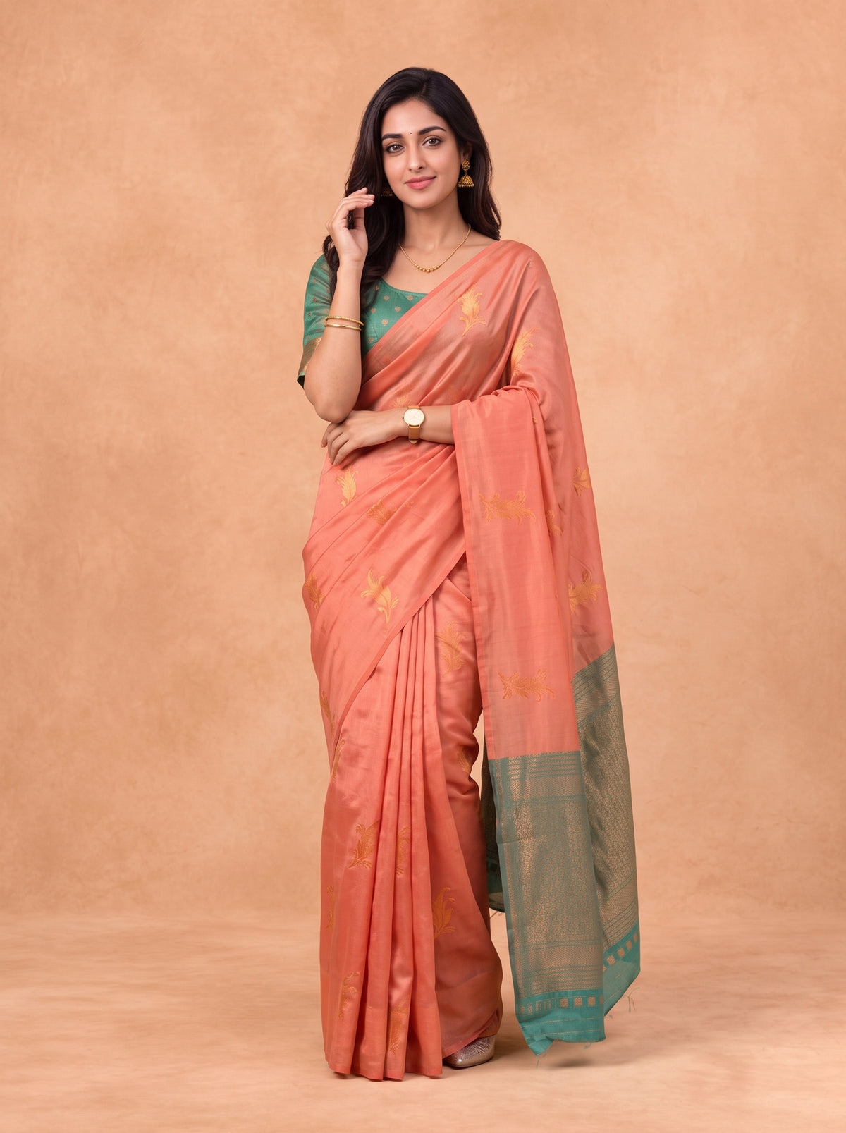 Women Soft Silk Peach Pink with Green Saree SS521