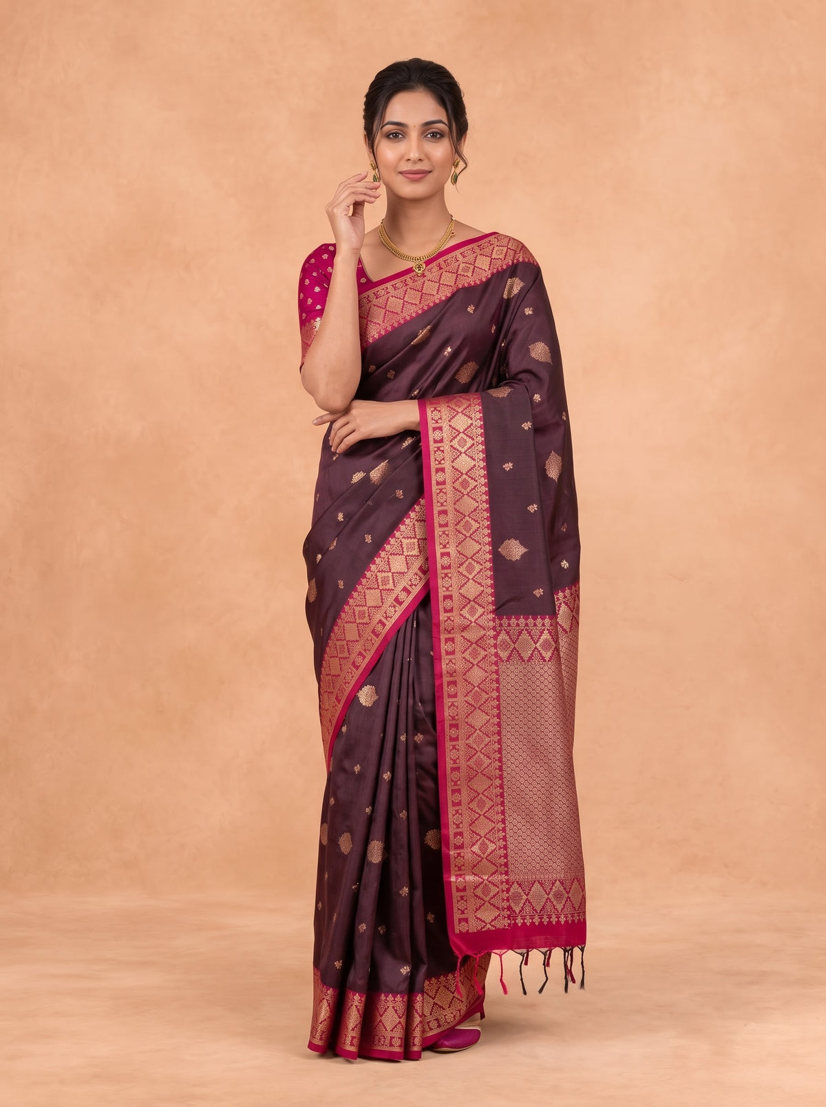 Women Soft Silk Maroon With Brown Saree SS442
