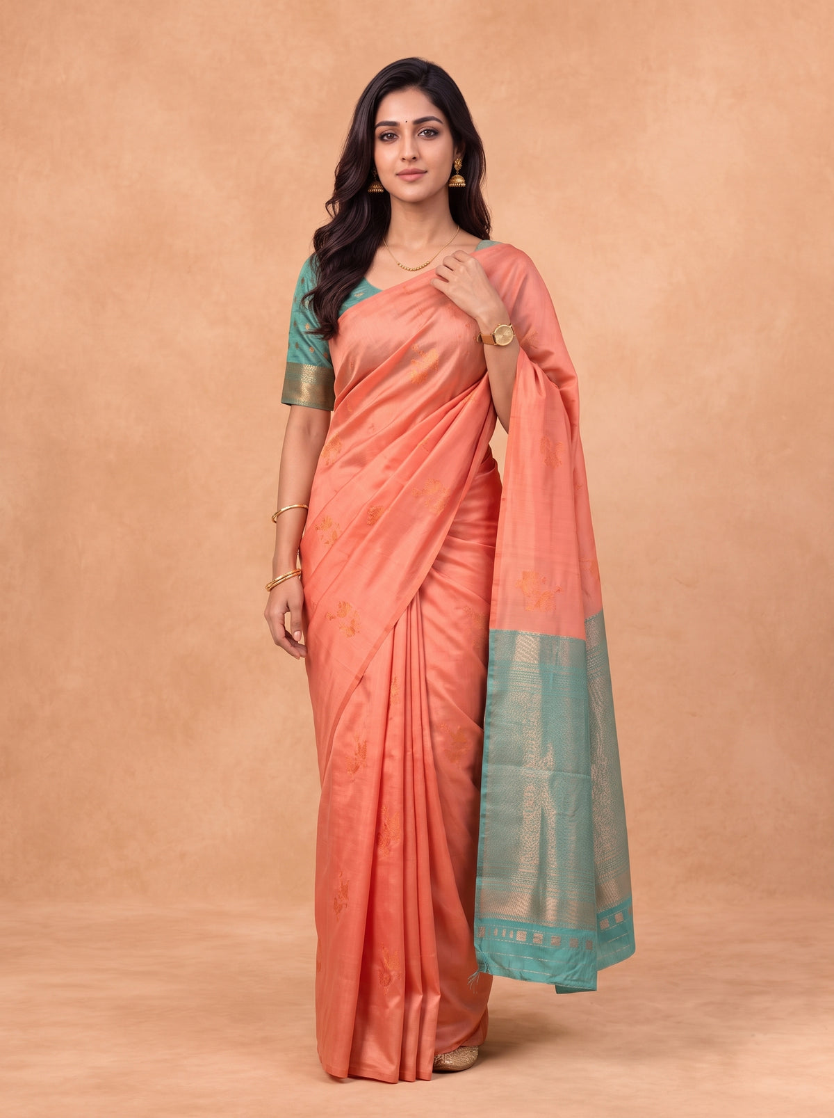 Women Soft Silk Peach Pink with Green Saree SS520