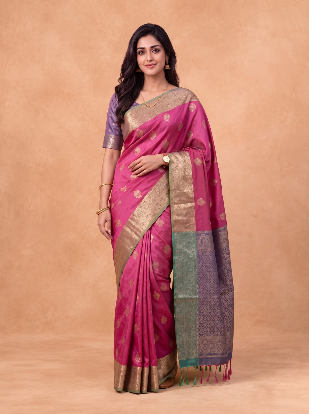 Women Soft Silk Dark Pink With Green Saree SS440