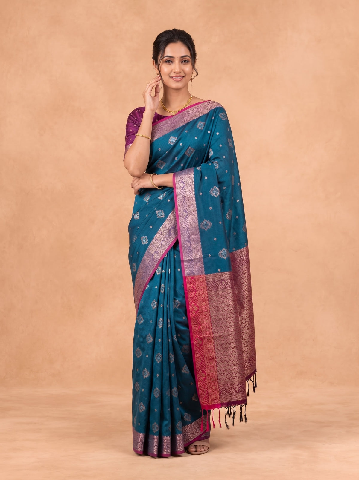 Women Soft Silk Teal Blue with Pink Saree SS452