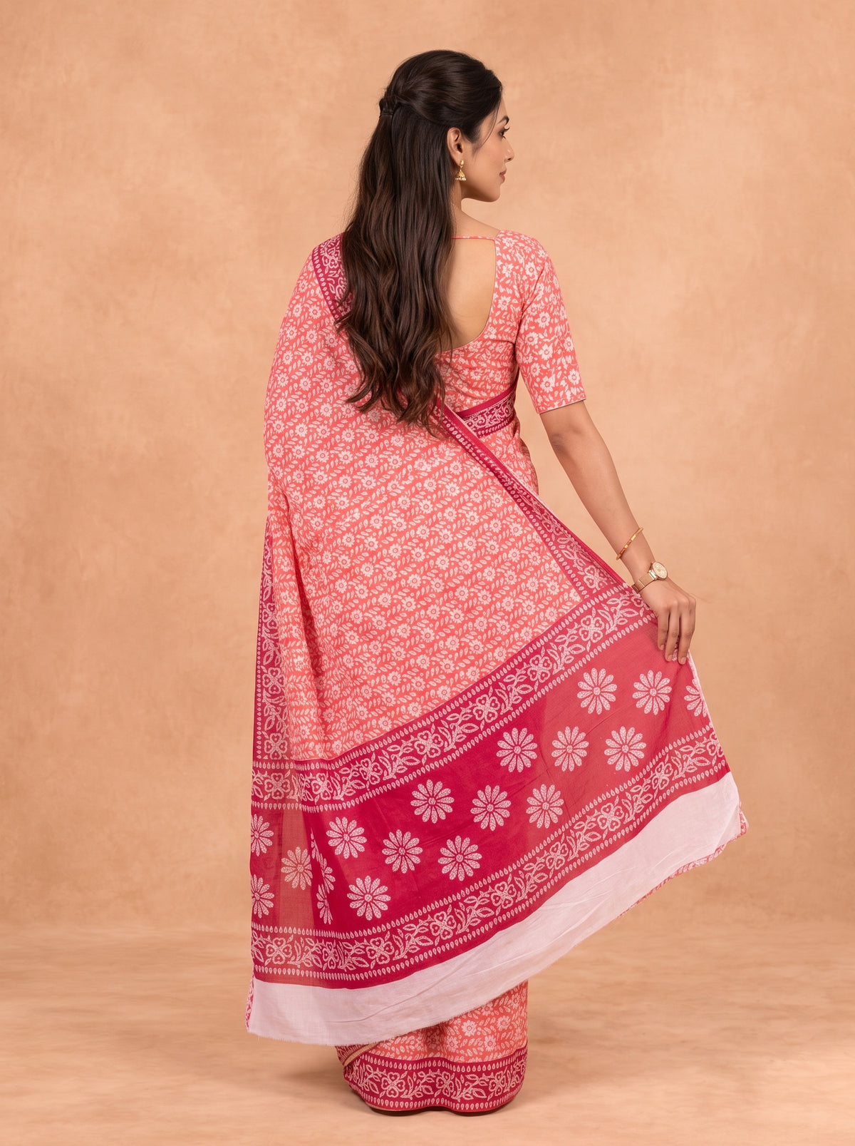 Women Cotton Red Printed Saree PCS306