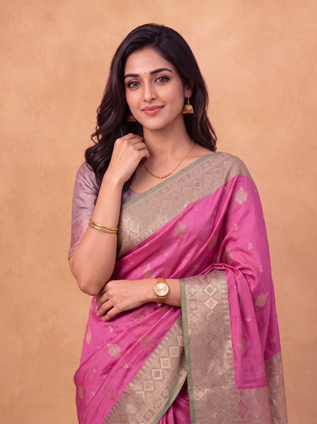 Women Soft Silk Pink With Green Saree SS441