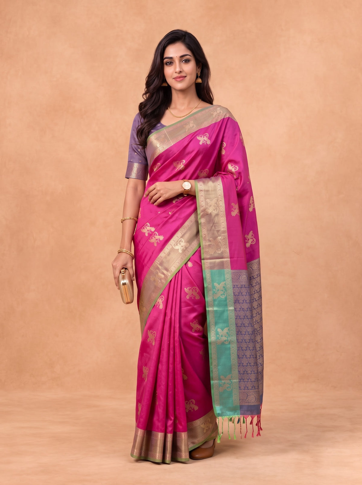 Women Soft Silk Pink With Green Saree SS427