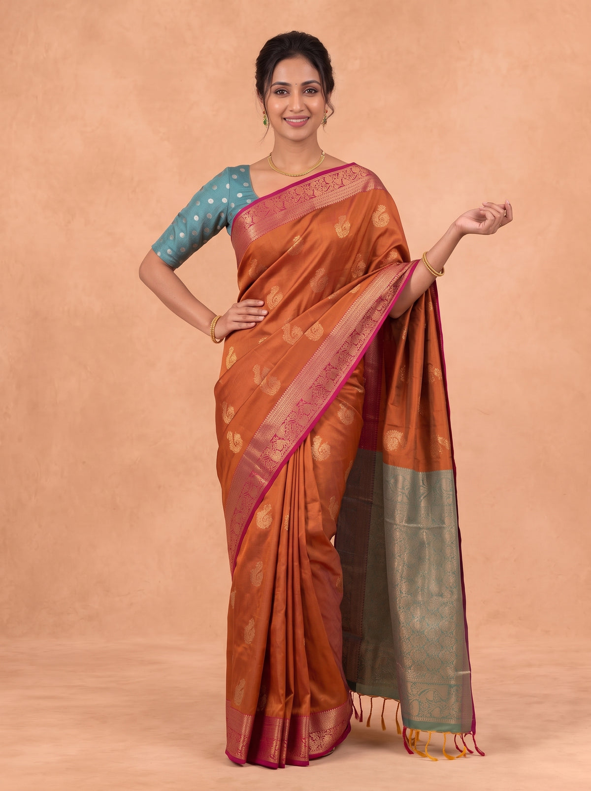 Women Soft Silk Green With Rust Saree SS462