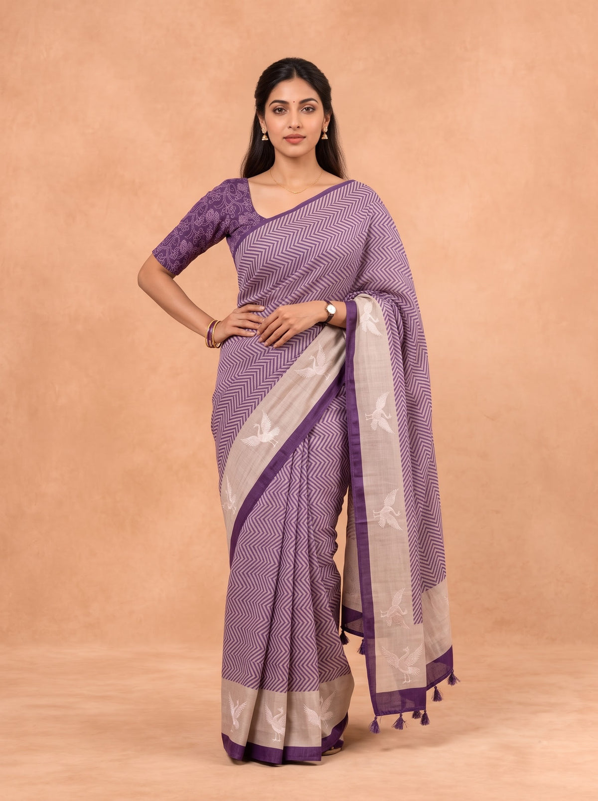 Women Cotton Purple With Sandal Printed Saree PCS301