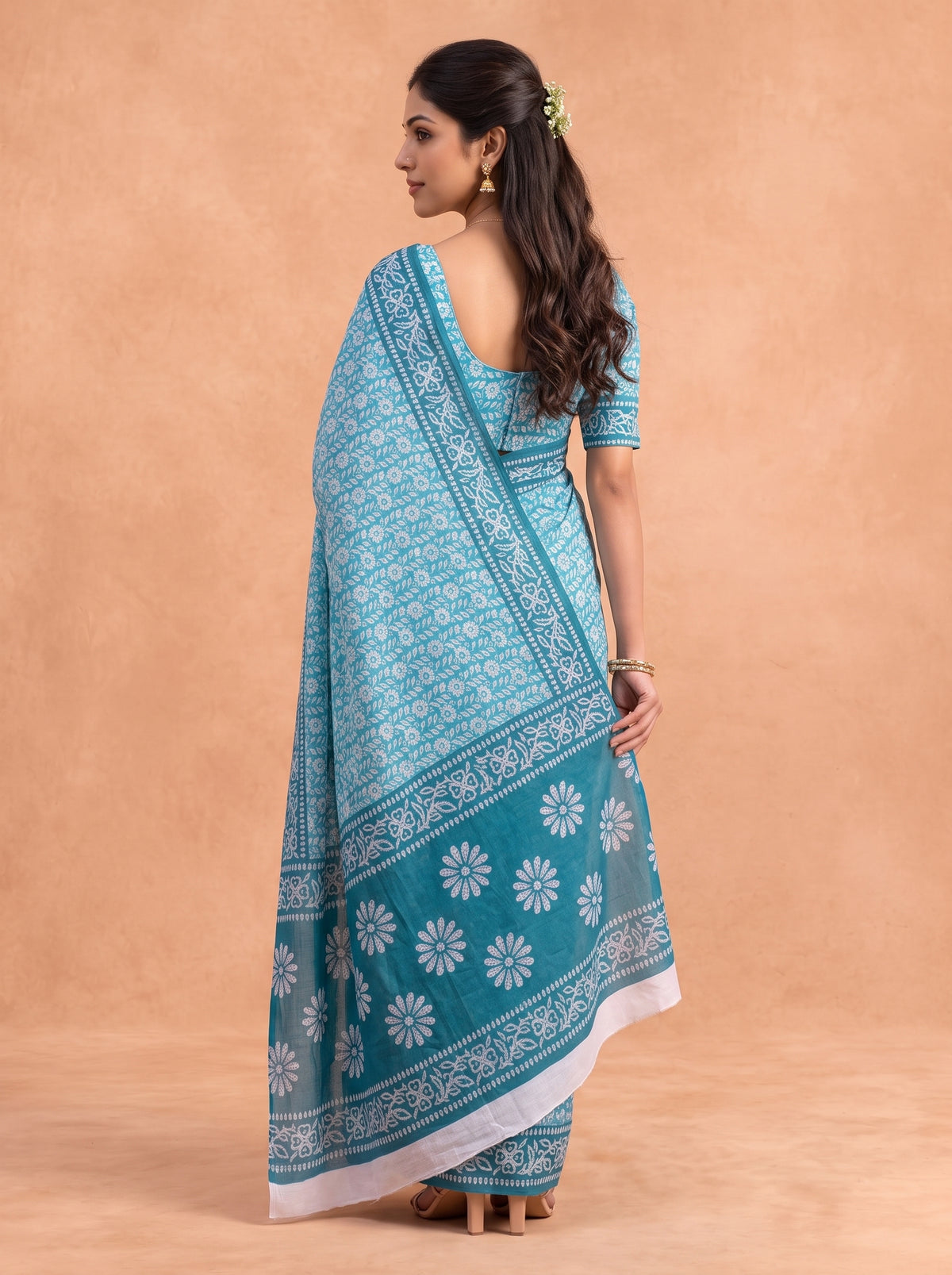Women Cotton Turquoise Printed Saree PCS302