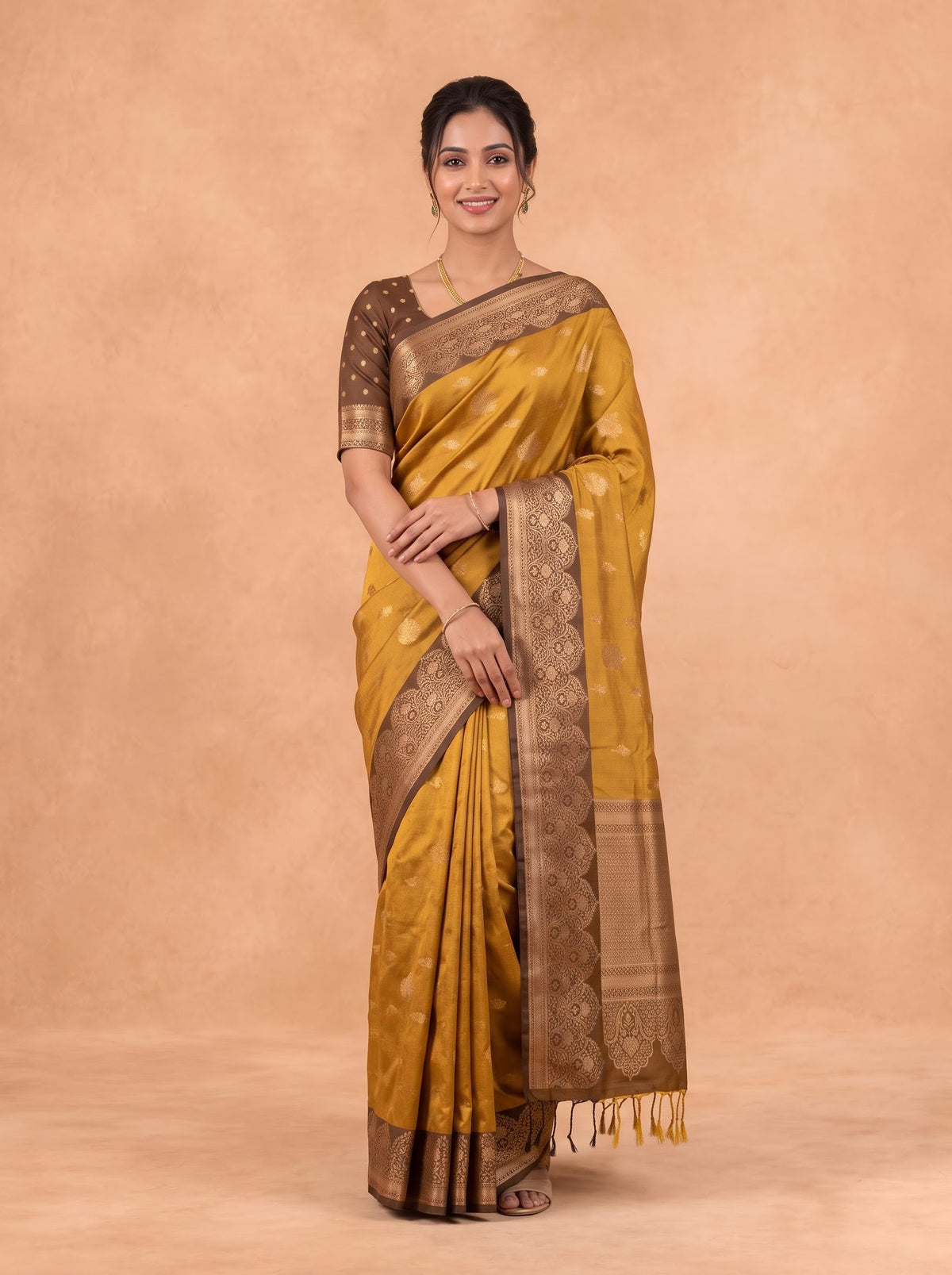 Women Soft Silk Mustard With Brown Saree SS472