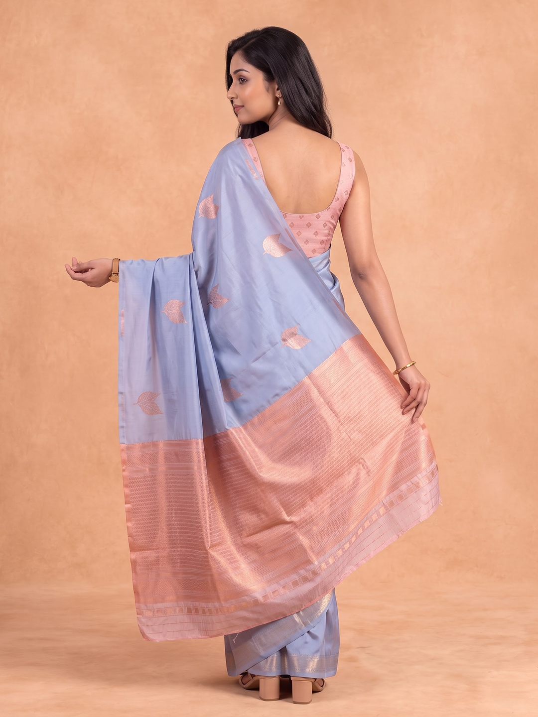 Women Soft Silk Lime Grey with Peach Saree SS541