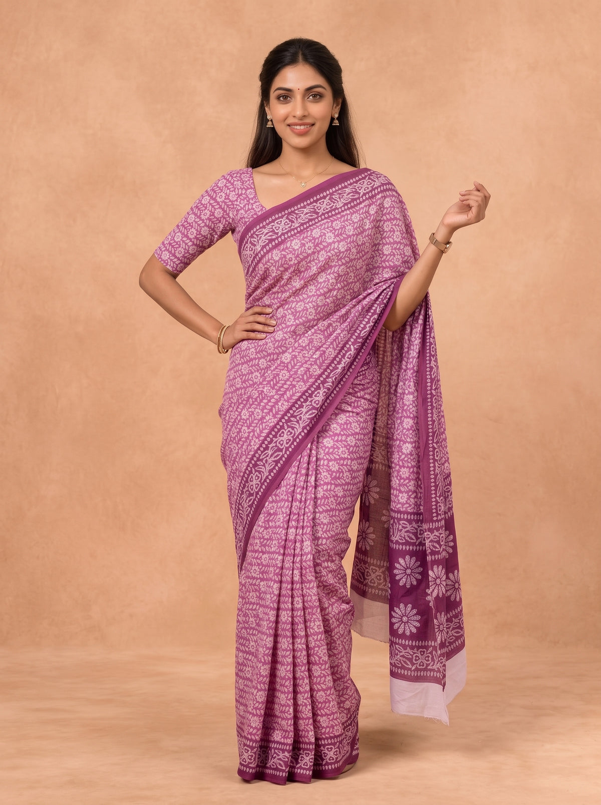 Women Cotton Pink Printed Saree PCS305