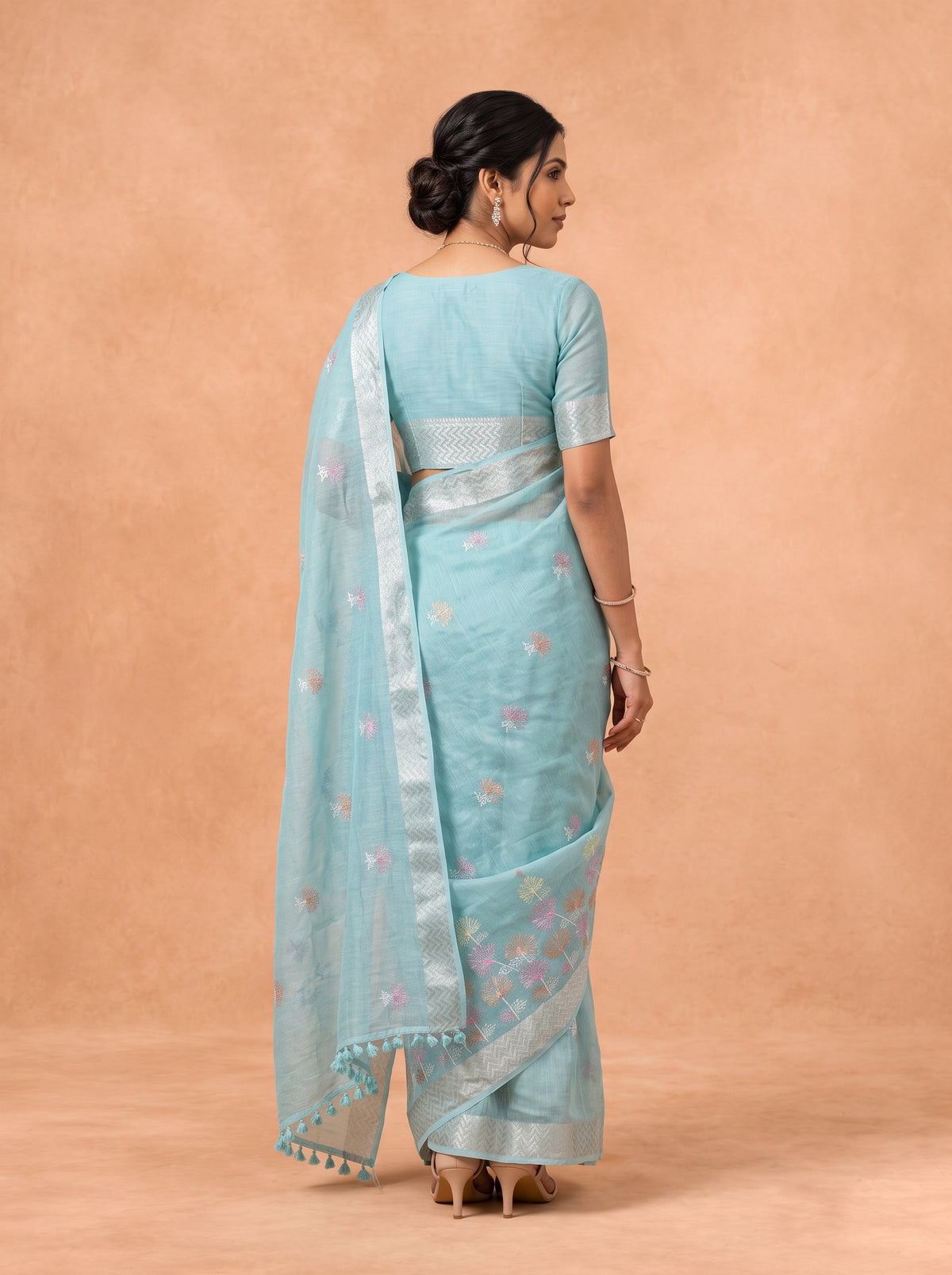 Women Semi Linen Blue Embroidered Saree SL279