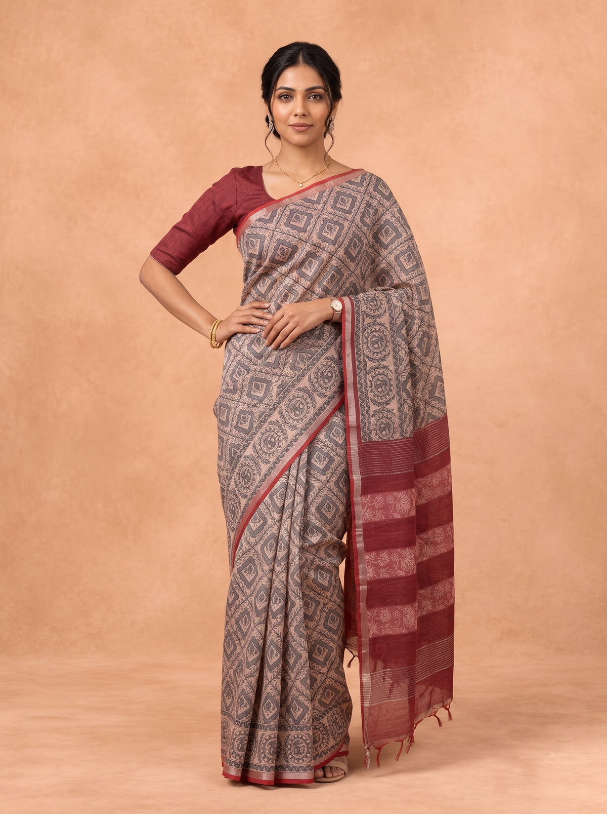 Women Semi Tussar Red Saree ST372