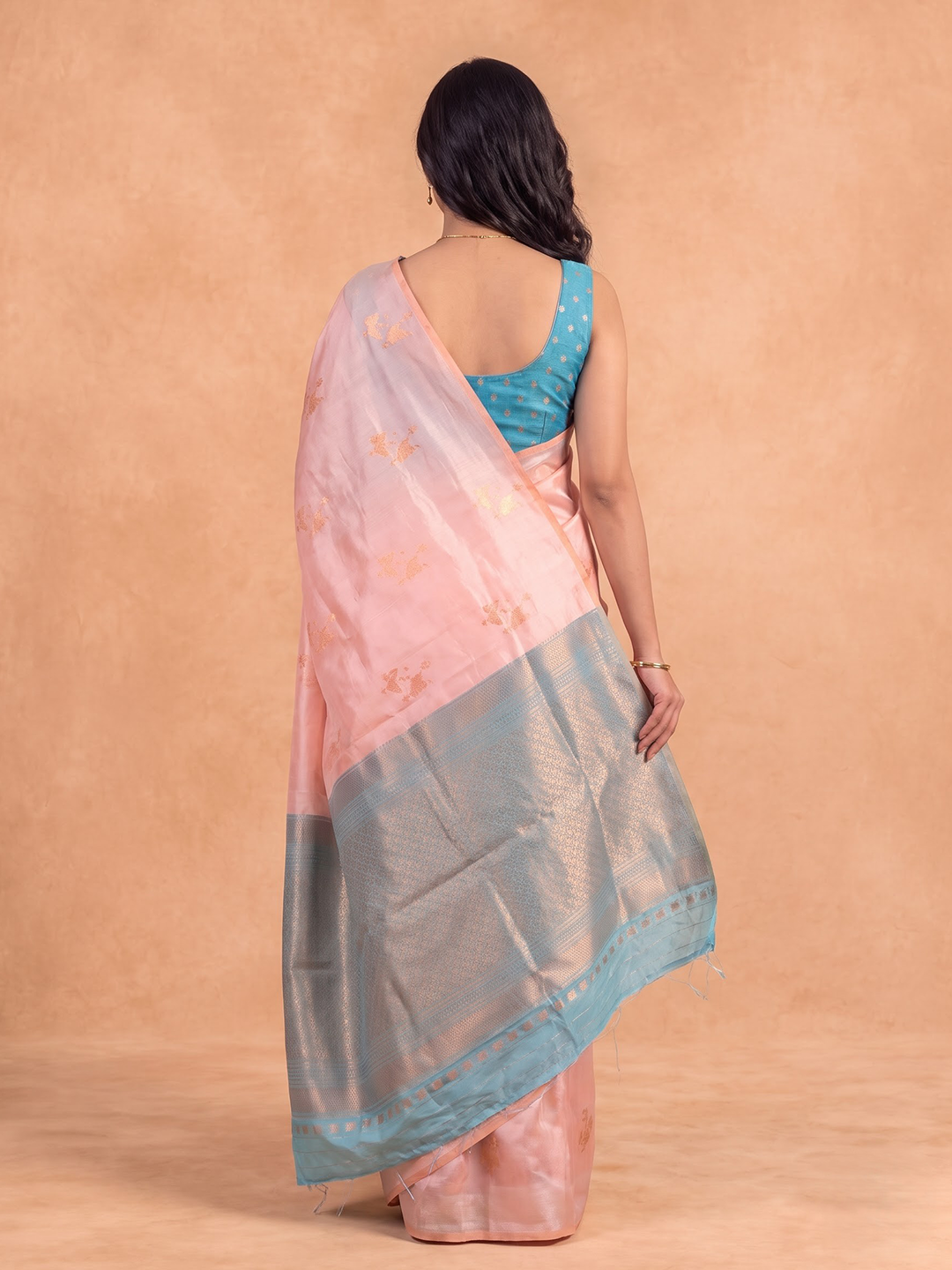 Women Soft Silk Peach with Blue Saree SS543