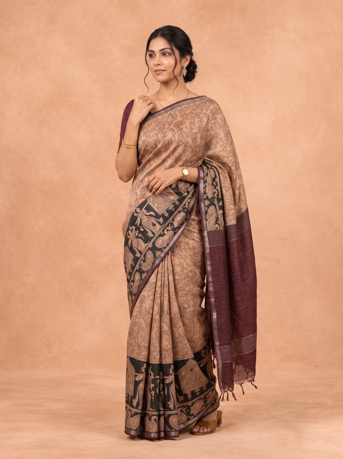 Women Semi Tussar Brown Saree ST377