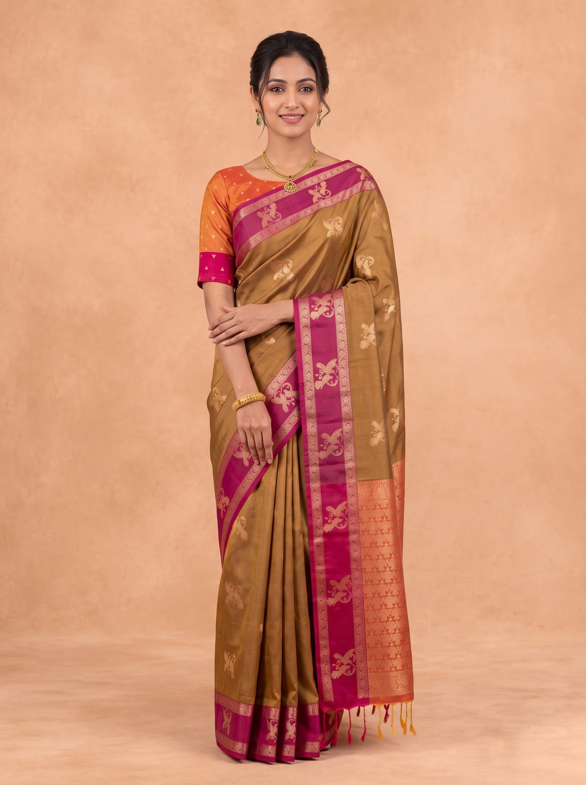 Women Soft Silk Brown With Orange Saree SS497