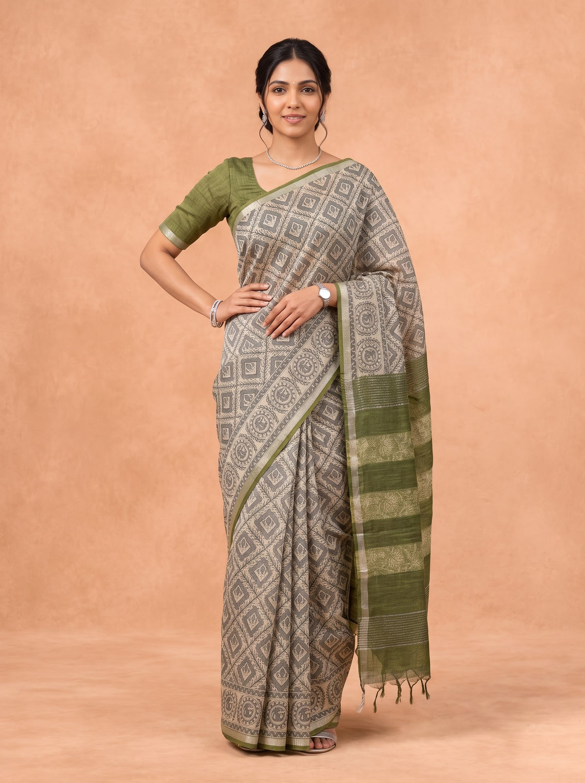 Women Semi Tussar Olive Green Saree ST378