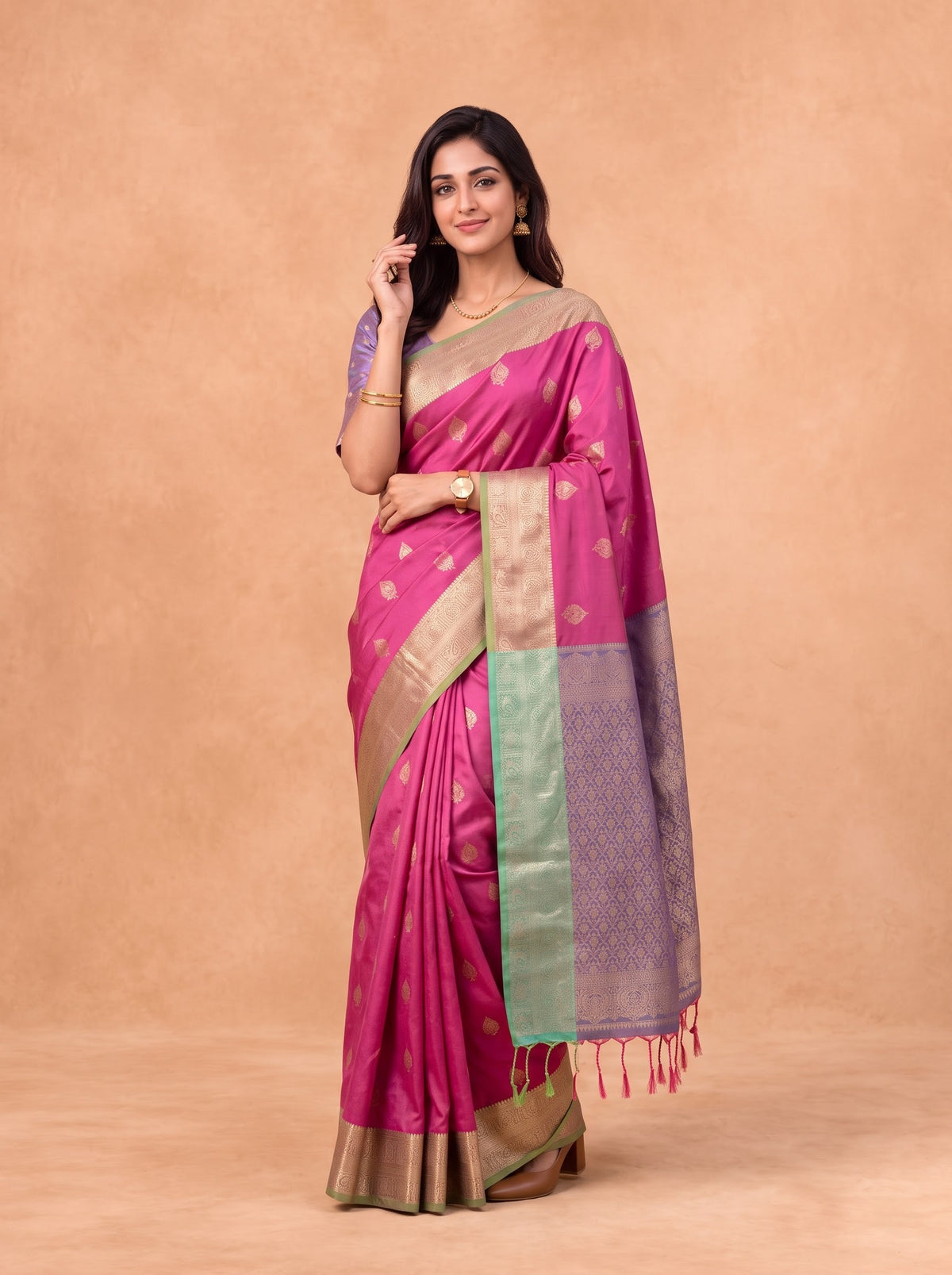 Women Soft Silk Dark Pink With Green Saree SS425