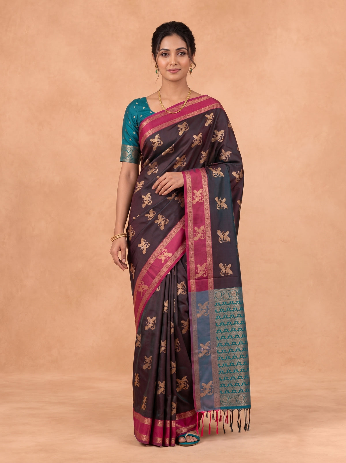 Women Soft Silk Dark Brown With Green Saree SS455