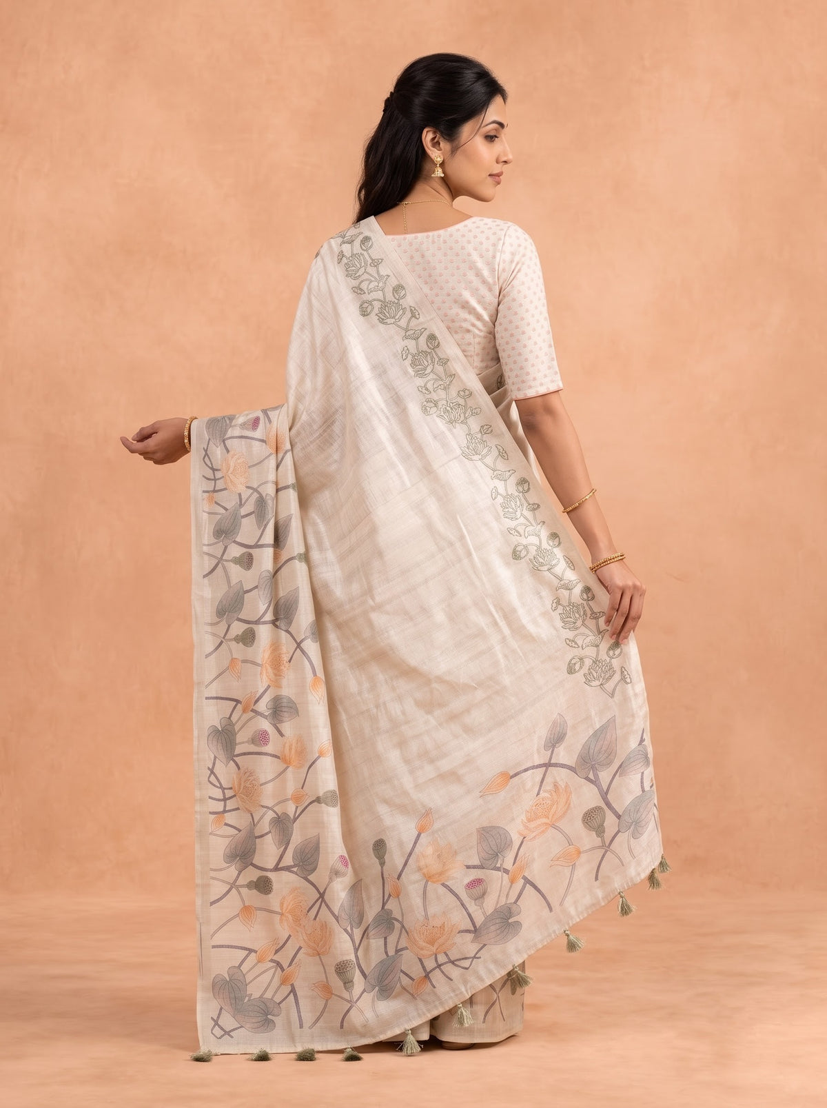 Women Cotton Beige Printed Saree PCS308
