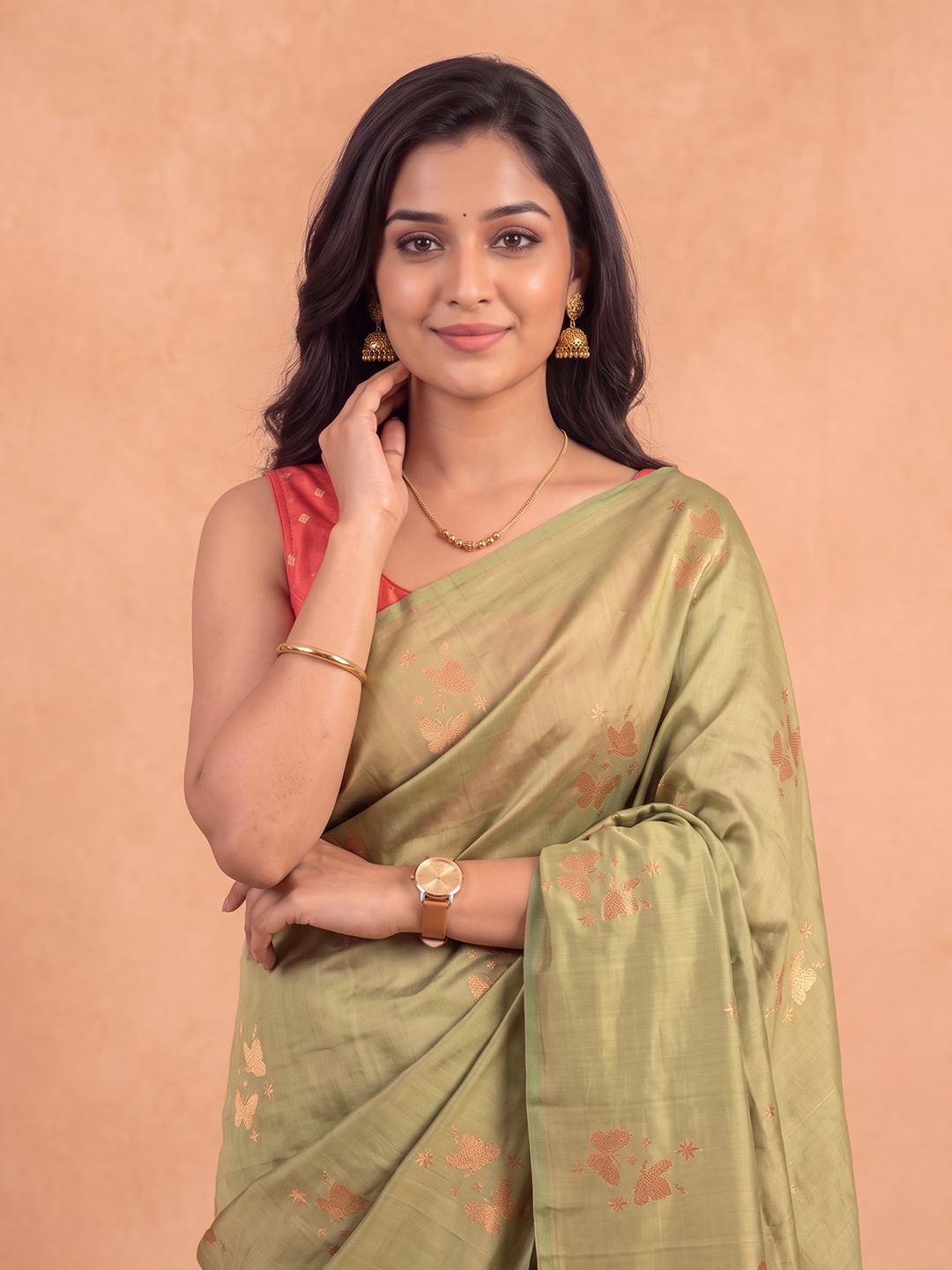 Women Soft Silk Peach Pink With Green Saree SS535