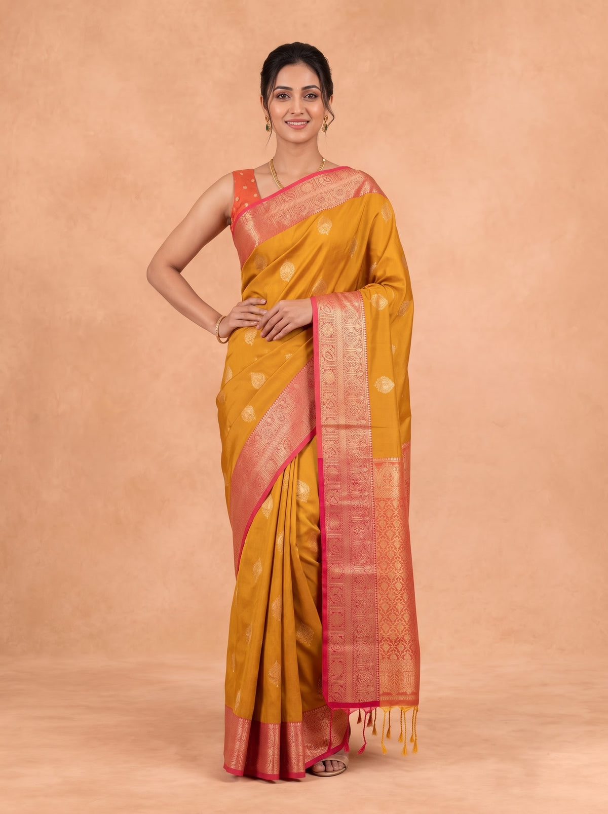 Women Soft Silk Mustard Yellow with Pink Saree SS424