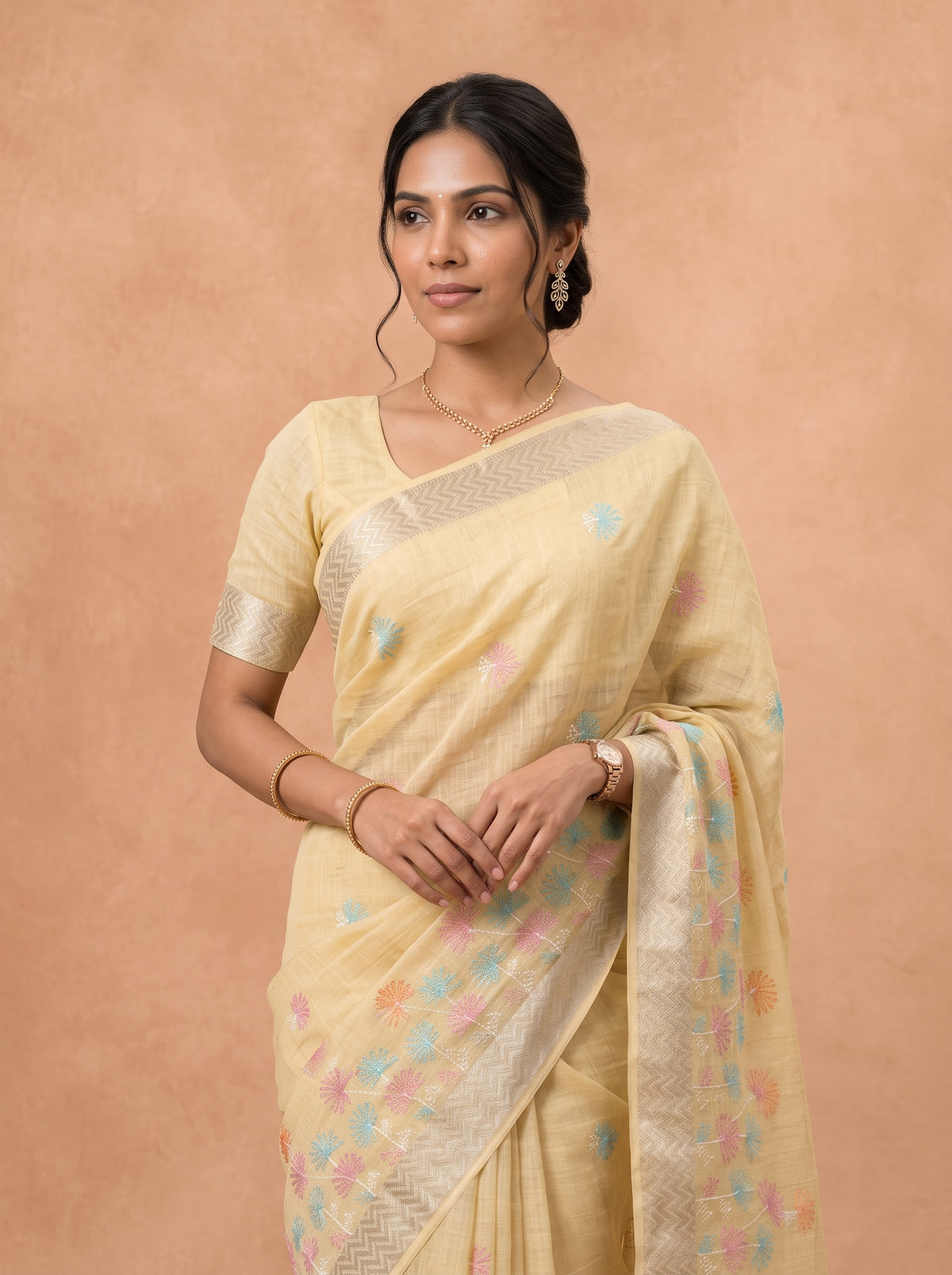 Women Semi Linen Yellow Embroidered Saree SL282