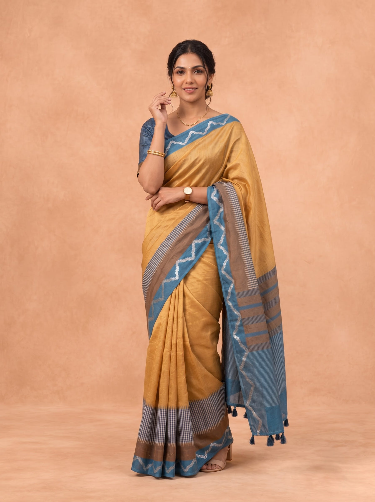 Women Semi Tussar Mustard Saree ST370